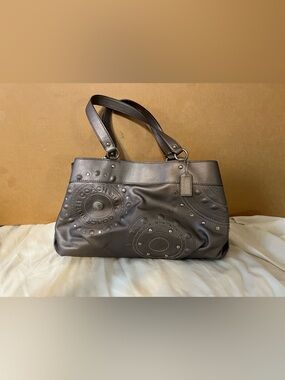 Coach Metallic Charcoal Leather bag with Stud Embellishments
